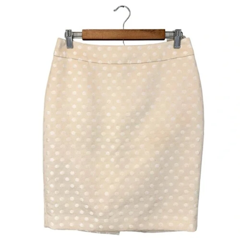 Ann Taylor Pencil Skirt Cream Tan Polka Dot Print Split Back, Size 4